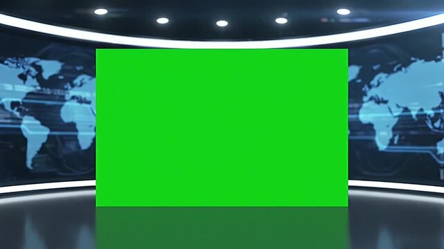 Modern virtual news studio background with a central green screen for chroma keying, featuring a digital world map for global broadcasts.