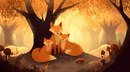 Fox Family Autumn Forest Sunset.