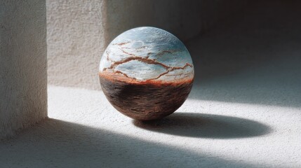 Textured sphere with cracked surface and shadow on carpet abstract closeup