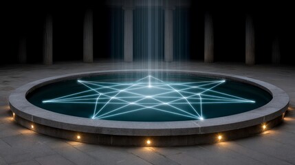 Circular stone fountain at night with glowing geometric pattern in water and vertical light beams