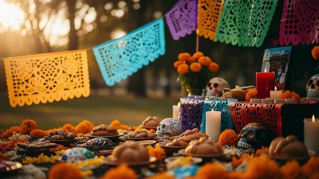 Traditional Day of the Dead altar with offerings at sunset. Colorful Dia de los Muertos ofrenda with sugar skulls, marigolds, and pan de muerto.