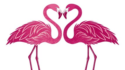 Two pink flamingos making a heart shape isolated on white background