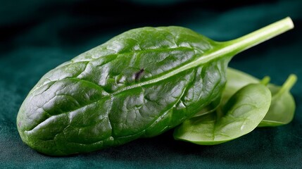 Fototapeta premium Close up of vibrant green spinach leaves resting on a textured dark green surface