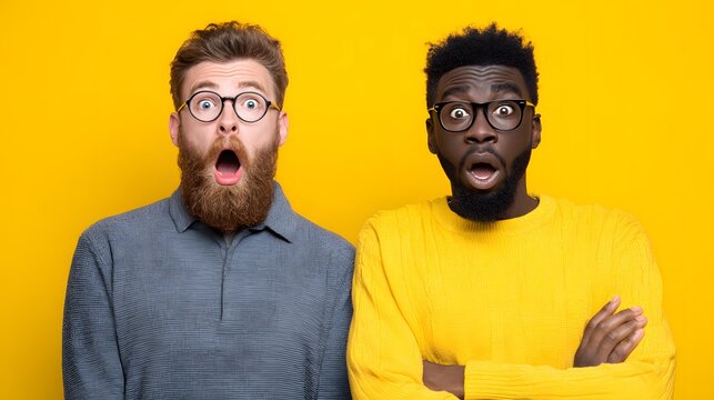 Two men with shocked but excited expressions