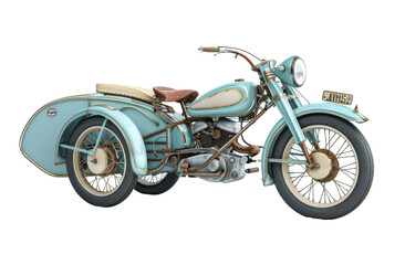 Vintage light-blue motorcycle with sidecar.  Retro, stylized design with cream accents, suggesting a 1940s-50s era.  Chrome accents on handlebars and engine.  Classic two-wheeled transport