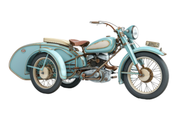 Vintage light-blue motorcycle with sidecar.  Retro, stylized design with cream accents, suggesting a 1940s-50s era.  Chrome accents on handlebars and engine.  Classic two-wheeled transport