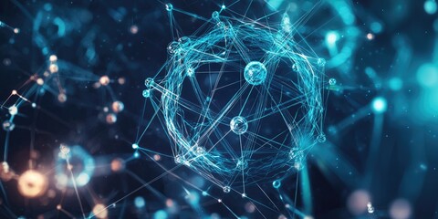 Quantum computing theme with atom-like tech structures and particles Stock photo