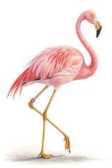 Fototapeta premium Pink flamingo isolated on white background, standing in a graceful pose