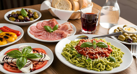 Fototapeta premium A delicious Italian feast featuring pesto pasta, Caprese salad, cured meats, olives, and a glass of red wine.