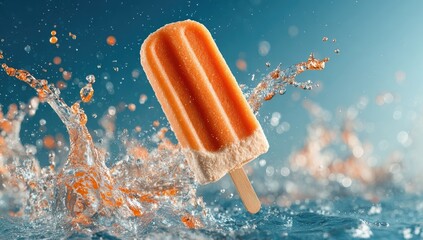Orange popsicle in water splashes