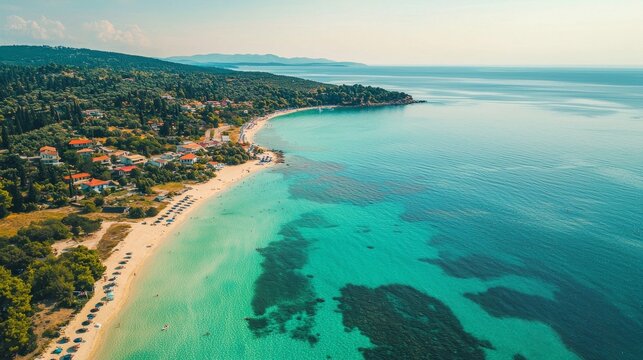 Aerial drone view of iconic sandy bay and turquoise beach of Paliouri in Kassandra Peninsula, Halkidiki, North Greece