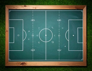 A chalkboard framed in wood depicts a soccer field with player positions drawn in chalk