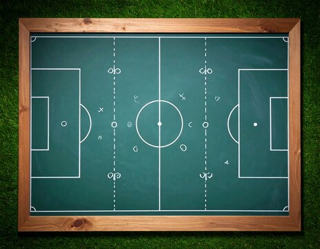 A chalkboard framed in wood depicts a soccer field with player positions drawn in chalk