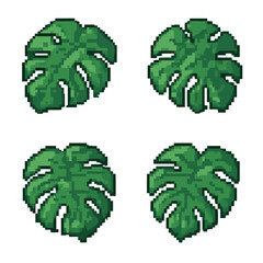  Pixel art set of green monstera leaves 