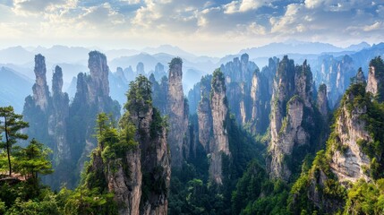Awesome view of natural quartz sandstone pillars of the Tianzi Mountains (Avatar Mountains)