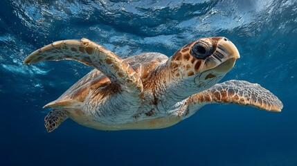 Obraz premium Sea Turtle Swimming Gracefully Through Blue Ocean Depths