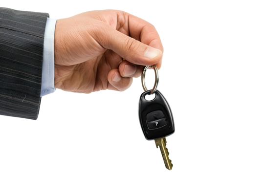 A hand in a suit jacket holds a car key (1)