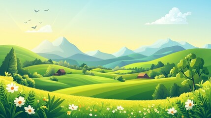 Fototapeta premium Beautiful countryside, nature and landscape. Vector illustration of mountains, trees, plants, fields and farms