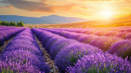 Obraz premium Lavender flowers blooming fields in rows. Summer landscape.