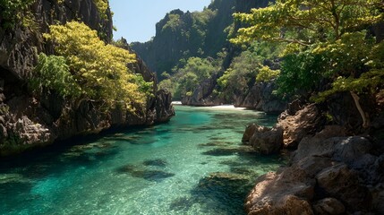Naklejka premium Crystal-clear water flowing through a rocky cove.
