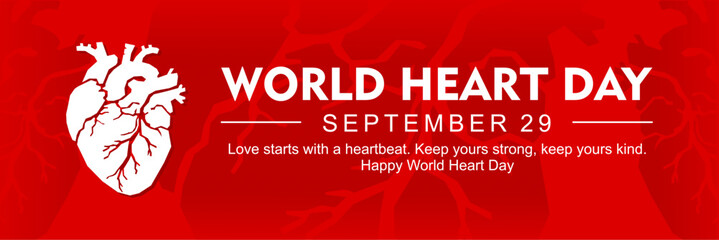 World heart day with red heart and world map silhouette. World Heart Day concept illustration design background, poster or banner, Important day on 29 September.