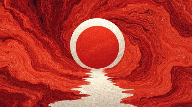 Abstract red swirling landscape with central red circle and reflective pool