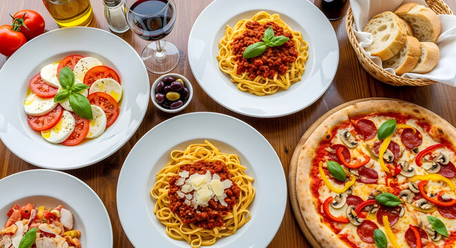 A delicious spread of Italian cuisine featuring a classic pepperoni pizza, Caprese salad, spaghetti bolognese, bread, olives, and red wine, perfect for a shared meal.