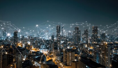 Night city skyline, interconnected by digital network