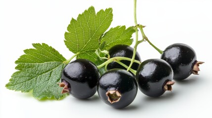 Ripe blackcurrant branch with green leaf on the white background. Macro shot.