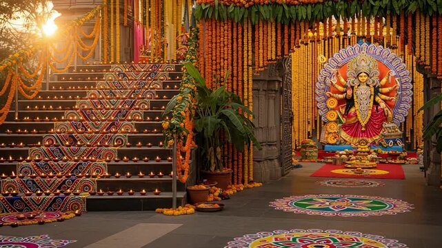 Elaborate Hindu festival celebration featuring a statue of Goddess Durga. The temple is decorated with marigold flowers, rangoli designs, and lit oil lamps at sunset.