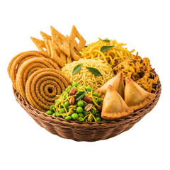 Obraz premium An appetizing collection of traditional indian fried snacks, including chakli, sev, samosas, and mixture, presented in a woven basket.