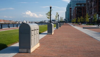 City waterfront walkway with mailboxes
