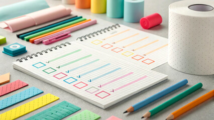 Colorful geometric office supplies arranged in symmetrical patterns