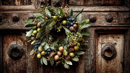 Rustic wreath of olives and berries hangs on weathered wooden door