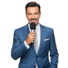 Smiling male presenter in a blue suit holding a microphone, looking directly at the camera. Ideal for media, broadcasting, or event themes.