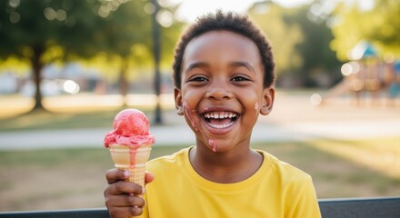Joyful moment of an african american boy savoring ice cream on a sunny day