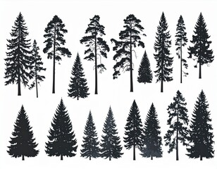 Obraz premium Pine tree silhouette collection on white background.Spruce tree silhouette set on