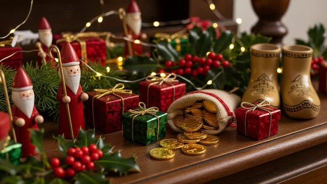 Traditional Saint Nicholas Day decorations with wooden figures, a sack of gold coins, and clogs. Festive holiday mantelpiece with gifts and holly.