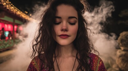 Fototapeta premium Young woman with eyes closed surrounded by fog wearing a colorful garment with blurred lights in the background