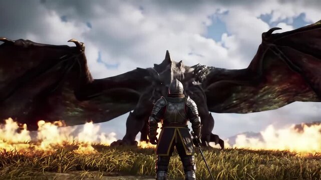 Duel of Legends Knight's Final Stand Against a Colossal Dragon. Courageous medieval knight standing fearlessly against massive mythical dragon.

