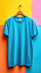 Teal t-shirt on hanger against vibrant colored background