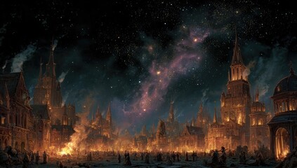 Fototapeta premium A city ablaze at night, under a starry sky with nebulae
