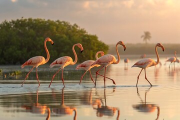 Naklejka premium Group of flamingos walking in water with reflection at sunset in nature