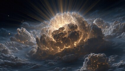 Golden light erupts from a massive, dark cloud cluster