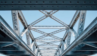 Metal bridge framework, looking up at intricate support beams
