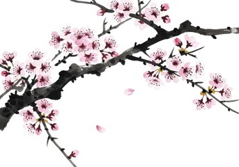 Obraz premium Delicate cherry blossom branches painted in the traditional sumi-e style