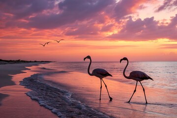 Naklejka premium Flamingos walking on the beach at sunset with birds flying in the sky