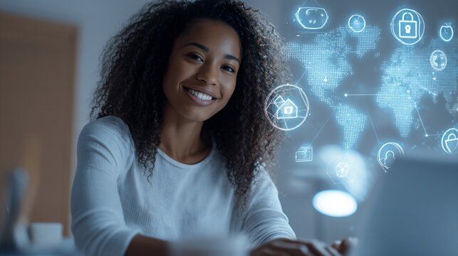 Smiling Woman Uses Laptop, Interacting with Digital Icons in Home Office.