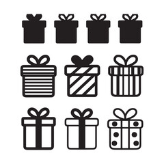 A set of 12 black and white gift box icons white background. 