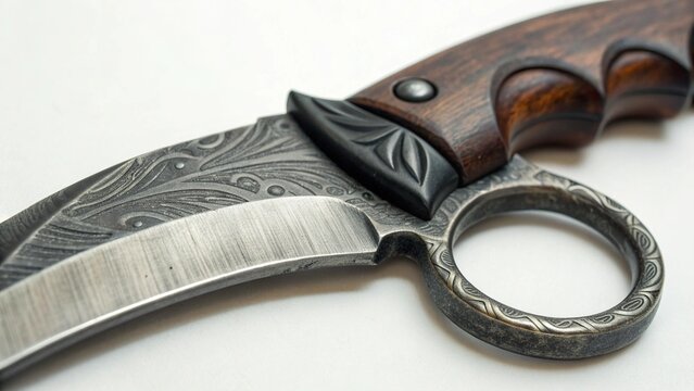 Close Up of Traditional Indonesian Karambit Knife with Curved Blade and Wooden Handle